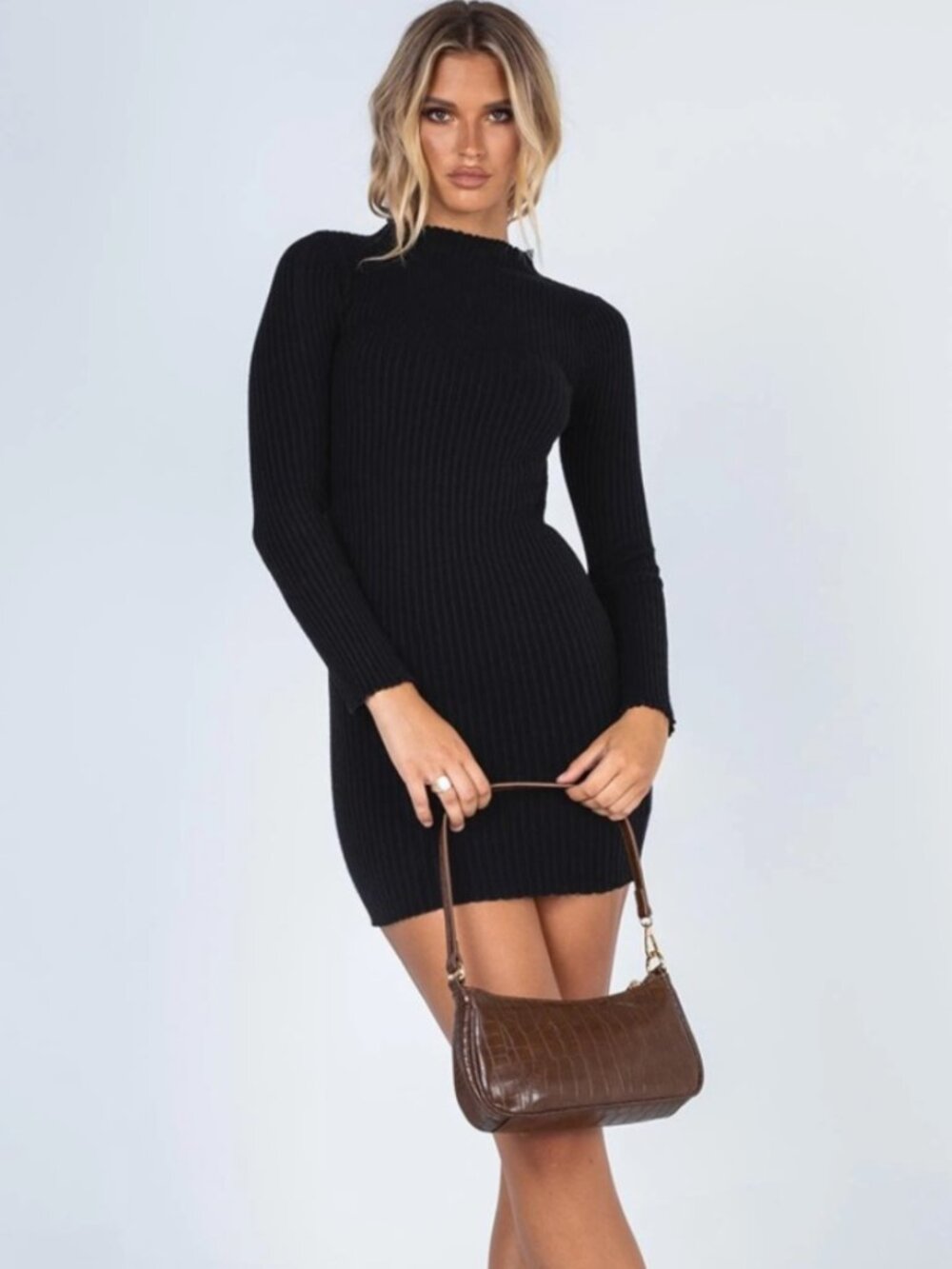 Princess Polly Black Ribbed Lettuce Trip Long Sleeve Mock Neck Dress